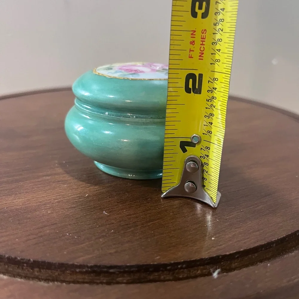 Vtg Limoges France Porcelain Trinket Box Green Floral Roses Hand Painted Round